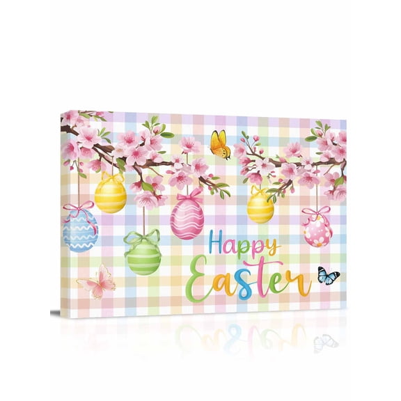Happy Easter Canvas Print Wall Art Spring Pink Floral Blue Yellow Eggs Butterfly Plaid Pictures Painting Morden Artwork for Living Room Bedroom, Ready to Hang - 12"x16"