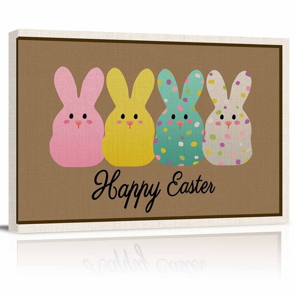 Happy Easter Canvas Print Wall Art Spring Pink Yellow Green Bunny Wave Points Brown Pictures Painting Morden Artwork for Living Room Bedroom, Ready to Hang - 12"x16"