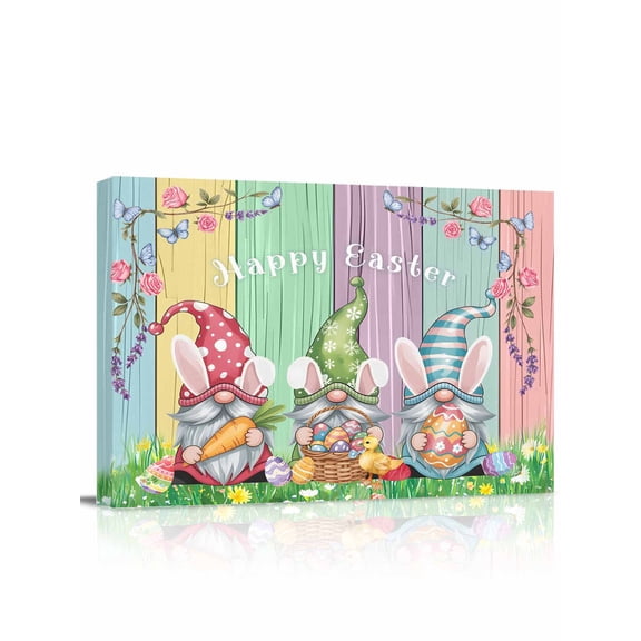 Happy Easter Canvas Print Wall Art Watercolor Gnomes Colorful Eggs Floral Greenery Rainbow Wood Grain Pictures Painting Morden Artwork for Living Room Bedroom, Ready to Hang - 12"x16"
