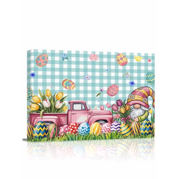 Happy Easter Canvas Print Wall Art Watercolor Spring Truck Gnome Floral Eggs Green Plaid Pictures Painting Morden Artwork for Living Room Bedroom, Ready to Hang - 12"x16"