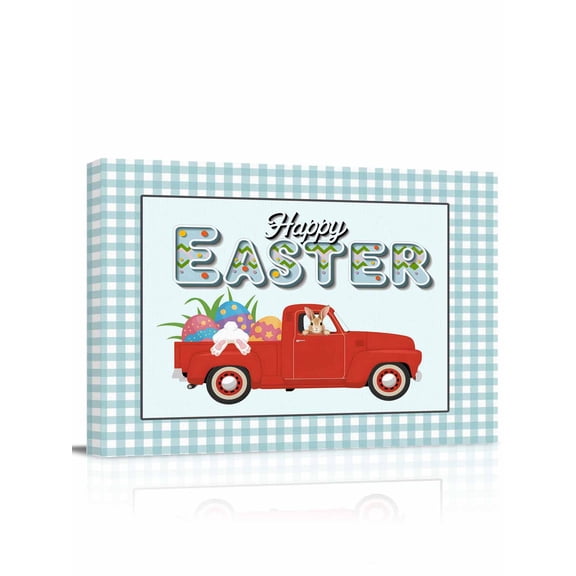 Happy Easter Canvas Print Wall Art Watercolors Red Truck with Rabbit Egg Teal Plaid Pictures Painting Morden Artwork for Living Room Bedroom, Ready to Hang - 12"x16"