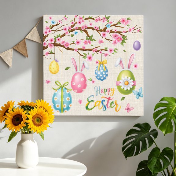 Happy Easter Canvas Wall Art Framed Wall Decor for Living Room Bedroom Bathroom, Colorful Rabbit Ears on Easter Egg Spring Floral Tree Linen Texture Canvas Pictures Ready to Hang Decor, 8"x8"