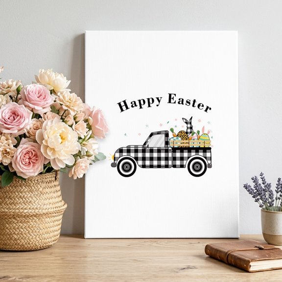 Happy Easter Canvas Wall Art Framed Wall Decor for Living Room Bedroom Bathroom, Funny Bunny Leopard Egg Black Buffalo Check Plaid Truck Canvas Pictures Ready to Hang Decor, 12"x18"