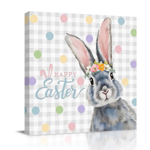 Happy Easter Canvas Wall Art for Living Room, Spring Floral Rabbit Colored Dots Grey Plaid Poster Print Painting for Bedroom Office Home Decoration Wall Pictures Prepare To Hang 16"x16"