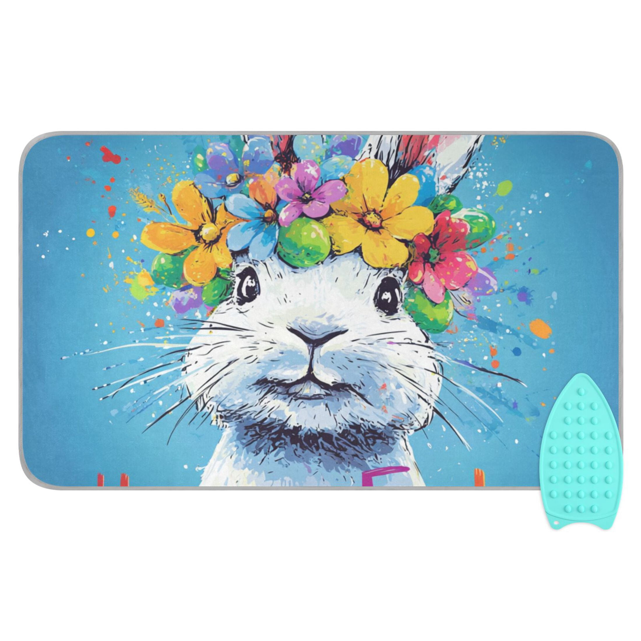 Happy Easter Cartoon Rabbit with Garland Ironing Mat Blanket Portable Travel Ironing Pad Heat Resistant Pad 47.2" x 27.6”