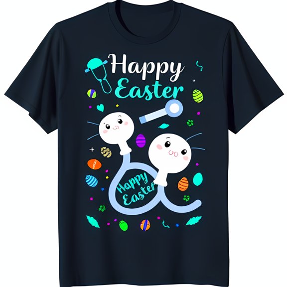 Happy Easter Cartoon T-Shirt with & Colorful Eggs Blue