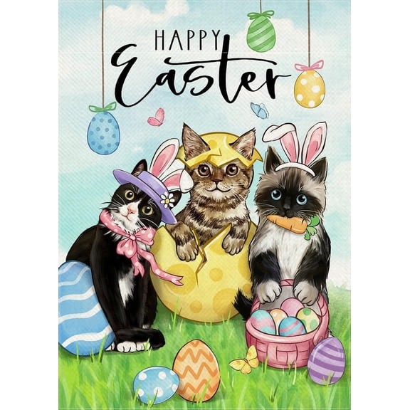 Happy Easter Cat Decorative Garden Flag, Tabby Siamese Tuxedo Cat Yard Outside Decorations Pet Lover Gift, Spring Easter Egg Burlap Outdoor Small Home Decor Double Sided 12 x 18