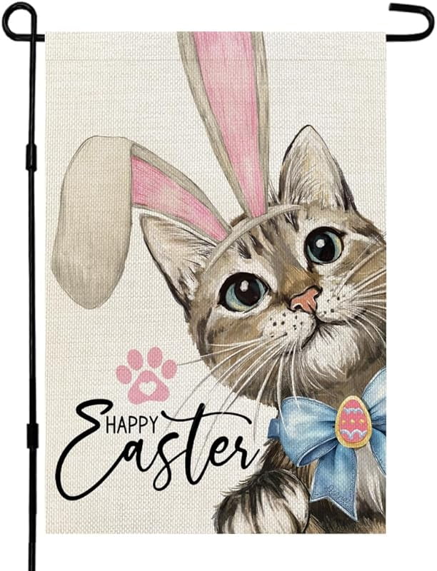 Happy Easter Cat Garden Flag Double Sided for Outside Small Burlap Rabbit Ear Holiday Yard Decoration