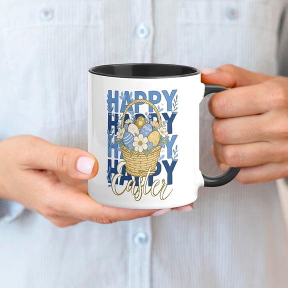 Happy Easter Ceramic Coffee Mug 11oz, Cute Bunny & Easter Basket Print, Spring Gift for Family & Friends Black