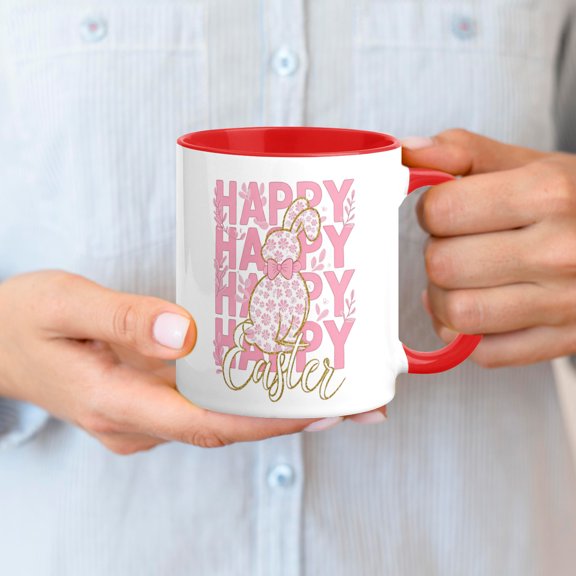 Happy Easter Ceramic Coffee Mug 11oz, Cute Bunny & Easter Basket Print, Spring Gift for Family & Friends Red
