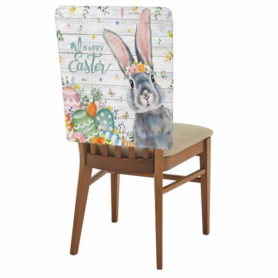 Happy Easter Chair Covers Set of 8 Spring Floral Rabbit Colored Eggs White Wood Grain Chair Back Covers Stretch Removable Washable Slipcovers Protector for Dining Room Kitchen Party Decor