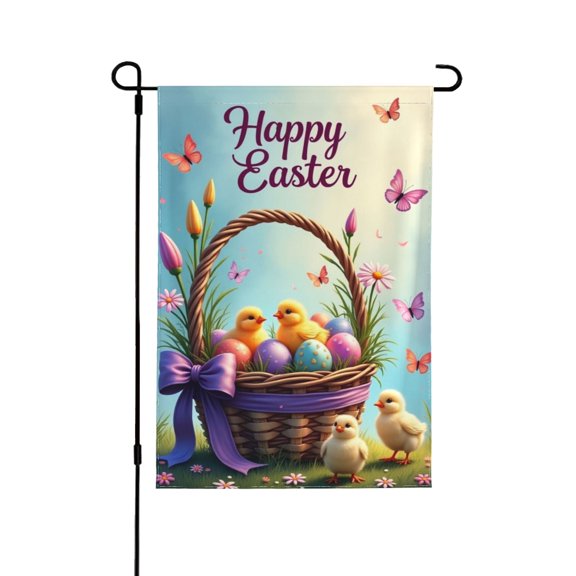 Happy Easter Chicks & Butterflies Garden Flag 12x18 Inch Double Sided – Spring Cute Animals Outdoor Yard Decoration For Porch, Lawn & Patio