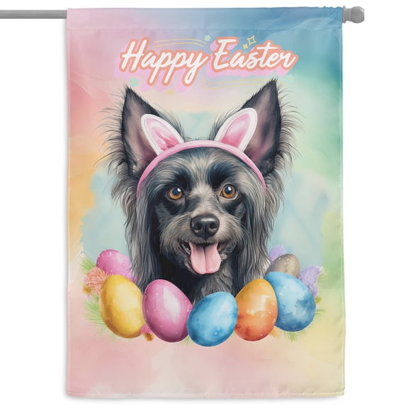 Happy Easter Chinese Crested with Bunny Ear Headband and Flowers House Flag 28x40in Double Sided Dog Lover Outdoor Decor - 13001