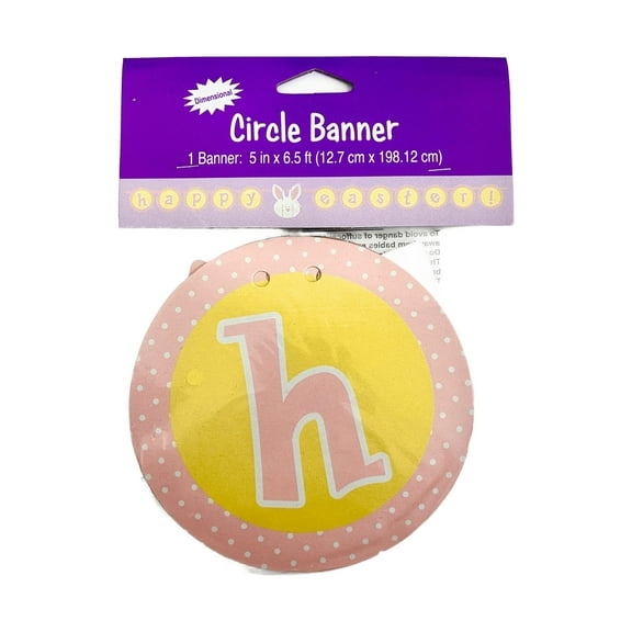 Happy Easter Circle Banner with Polka Dots and Bunny, 5in x 6.5ft Party Decoration with White Ribbon, Packaged with Header Card, Perfect for Spring Celebrations, Pastel Pink, Pastel Yellow, White