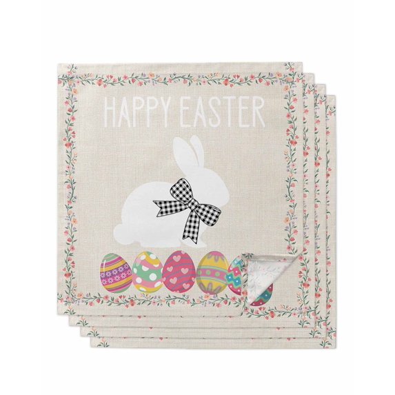 Happy Easter Cloth Napkins Set of 4 Reusable Dinner Napkins, Bow Bunny Colorful Eggs Flowers Vines Cocktail Napkin Washable Table Napkins for Wedding/Holiday Party/Baby Shower 20"x20"