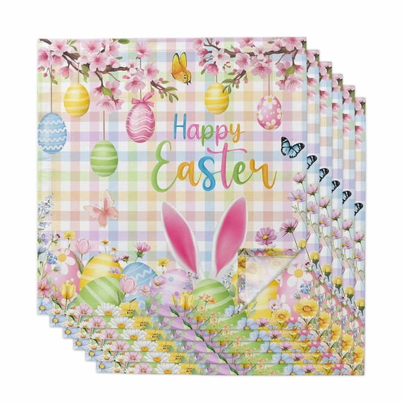 Happy Easter Cloth Napkins, Spring Bunny Colorful Eggs Flower Plaid Washable and Reusable Dinner Napkins Set of 6, Table Napkin for Kitchen Party Birthday Wedding Hotel Housewarming 20"x20"