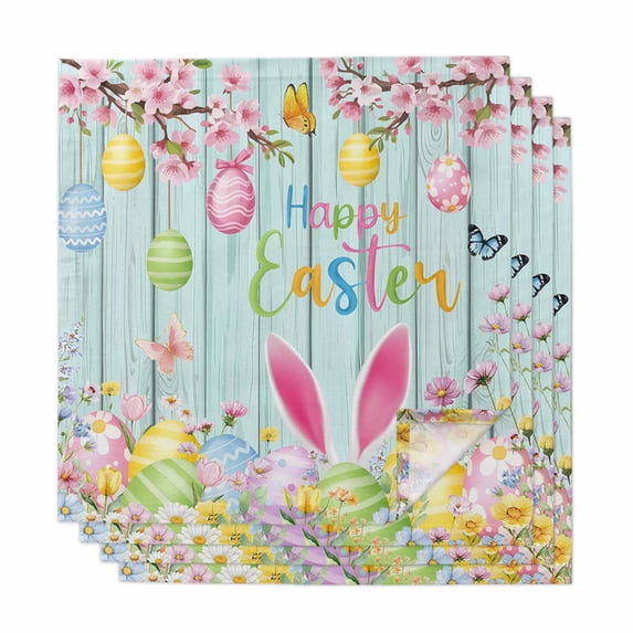 Happy Easter Cloth Napkins, Spring Bunny Eggs Flower Teal Wood Grain Washable and Reusable Dinner Napkins Set of 4, Table Napkin for Kitchen Party Birthday Wedding Hotel Housewarming 20"x20"