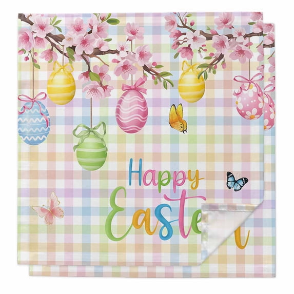 Happy Easter Cloth Napkins, Spring Colorful Eggs Butterfly Plaid Checkered Washable and Reusable Dinner Napkins Set of 2, Table Napkin for Kitchen Party Birthday Wedding Hotel Housewarming 20"x20"