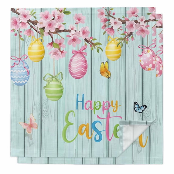 Happy Easter Cloth Napkins, Spring Colorful Eggs Butterfly Teal Wood Grain Washable and Reusable Dinner Napkins Set of 2, Table Napkin for Kitchen Party Birthday Wedding Hotel Housewarming 20"x20"