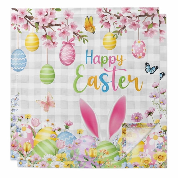 Happy Easter Cloth Napkins, Spring Watercolor Bunny Eggs Flower Grey Plaid Washable and Reusable Dinner Napkins Set of 2, Table Napkin for Kitchen Party Birthday Wedding Hotel Housewarming 20"x20"