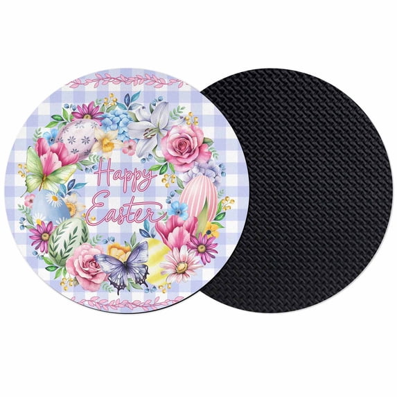 Happy Easter Coasters Set of 2, Absorbent Coasters for Drinks, Colorful Eggs Flowers Butterfly Purple Plaid Coaster for Desk Coffee Table Protection, Home Decor House Warming Gifts 4"