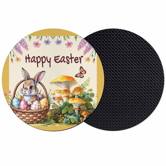 Happy Easter Coasters Set of 2, Absorbent Coasters for Drinks, Rabbit Eggs Spring Mushrooms Flowers Yellow Coaster for Desk Coffee Table Protection, Home Decor House Warming Gifts 4"