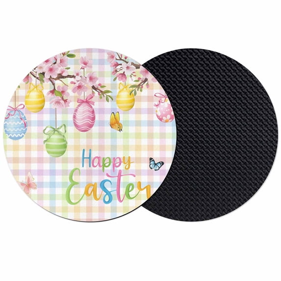 Happy Easter Coasters Set of 2, Absorbent Coasters for Drinks, Spring Colorful Eggs Butterfly Plaid Checkered Coaster for Desk Coffee Table Protection, Home Decor House Warming Gifts 4"