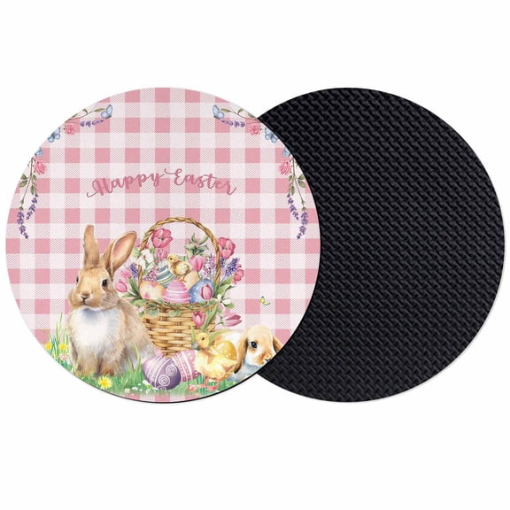 Happy Easter Coasters Set of 2, Absorbent Coasters for Drinks, Spring Easter Eggs Bunny Floral Pink Plaid Coaster for Desk Coffee Table Protection, Home Decor House Warming Gifts 4"
