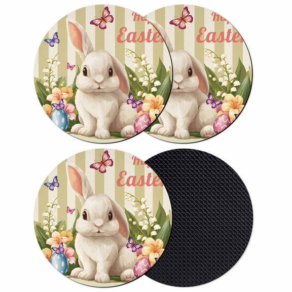 Happy Easter Coasters Set of 4, Absorbent Coasters for Drinks, Bunny Eggs Spring Flowers Butterfly Striped Coaster for Desk Coffee Table Protection, Home Decor House Warming Gifts 4"