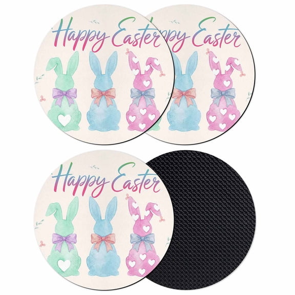 Happy Easter Coasters Set of 4, Absorbent Coasters for Drinks, Colorful Bunny Love Heart Rabbits Retro Pink Coaster for Desk Coffee Table Protection, Home Decor House Warming Gifts 4"