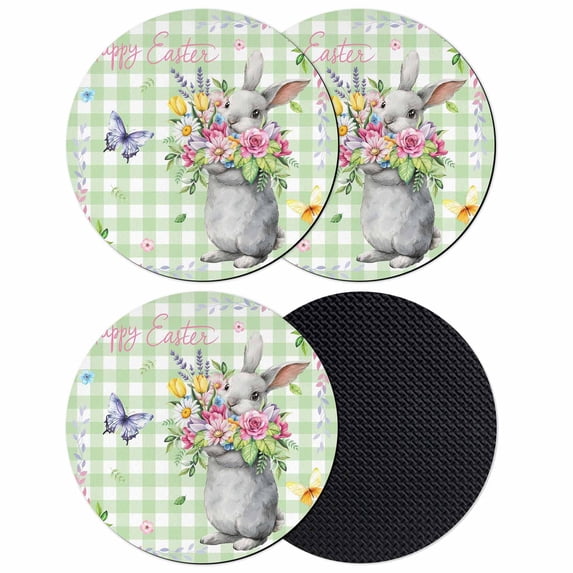 Happy Easter Coasters Set of 4, Absorbent Coasters for Drinks, Cute Bunny Spring Flowers Butterfly Green Plaid Coaster for Desk Coffee Table Protection, Home Decor House Warming Gifts 4"