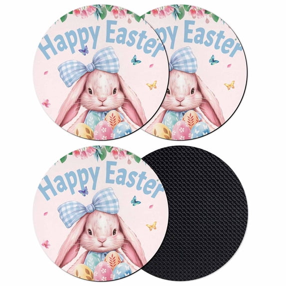 Happy Easter Coasters Set of 4, Absorbent Coasters for Drinks, Cute Rabbits Eggs Flowers Butterflies Leaves Pink Coaster for Desk Coffee Table Protection, Home Decor House Warming Gifts 4"