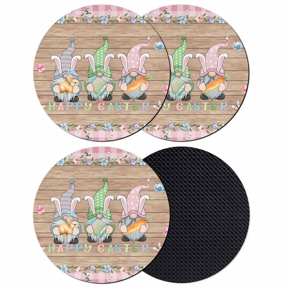 Happy Easter Coasters Set of 4, Absorbent Coasters for Drinks, Gnomes Rabbit Flowers Eggs Brown Wood Grain Coaster for Desk Coffee Table Protection, Home Decor House Warming Gifts 4"