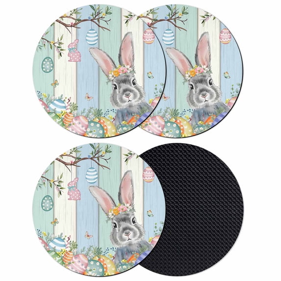 Happy Easter Coasters Set of 4, Absorbent Coasters for Drinks, Spring Bunny Colorful Eggs Wooden Grain Coaster for Desk Coffee Table Protection, Home Decor House Warming Gifts 4"