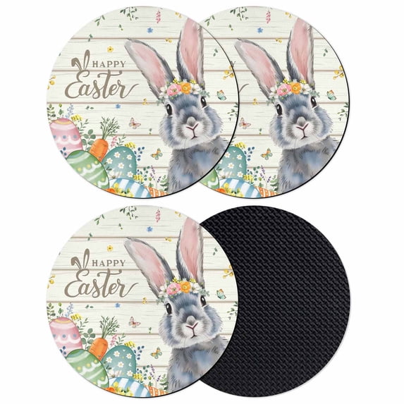 Happy Easter Coasters Set of 4, Absorbent Coasters for Drinks, Spring Bunny Easter Eggs Floral Beige Wood Coaster for Desk Coffee Table Protection, Home Decor House Warming Gifts 4"