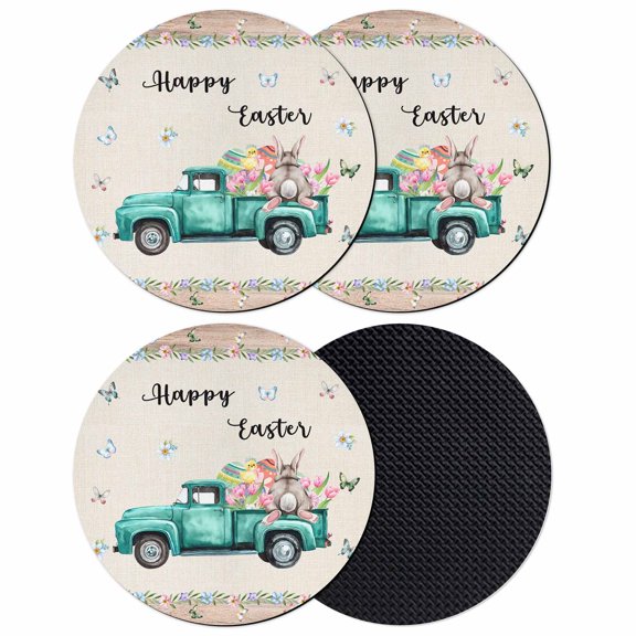 Happy Easter Coasters Set of 4, Absorbent Coasters for Drinks, Spring Farmhouse Green Truck Eggs Bunny Coaster for Desk Coffee Table Protection, Home Decor House Warming Gifts 4"