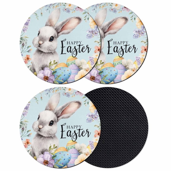 Happy Easter Coasters Set of 4, Absorbent Coasters for Drinks, Spring Grey Bunny Colorful Eggs Flower Blue Coaster for Desk Coffee Table Protection, Home Decor House Warming Gifts 4"