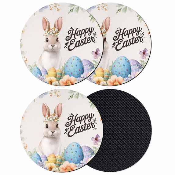 Happy Easter Coasters Set of 4, Absorbent Coasters for Drinks, Spring Watercolor Bunny Eggs Flowers Beige Coaster for Desk Coffee Table Protection, Home Decor House Warming Gifts 4"