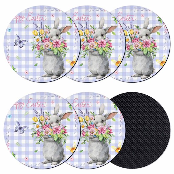Happy Easter Coasters Set of 6, Absorbent Coasters for Drinks, Cute Bunny Spring Flowers Butterfly Purple Plaid Coaster for Desk Coffee Table Protection, Home Decor House Warming Gifts 4"
