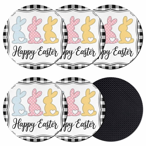 Happy Easter Coasters Set of 6, Absorbent Coasters for Drinks, Cute Lovely Colorful Rabbits Black White Plaid Coaster for Desk Coffee Table Protection, Home Decor House Warming Gifts 4"