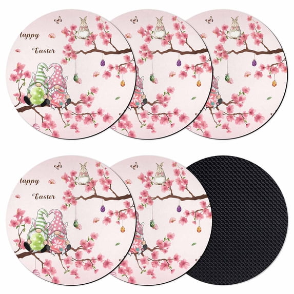 Happy Easter Coasters Set of 6, Absorbent Coasters for Drinks, Pink Spring Gnomes Eggs Flower Branch Rabbit Coaster for Desk Coffee Table Protection, Home Decor House Warming Gifts 4"