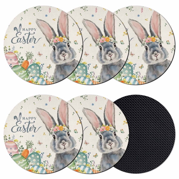 Happy Easter Coasters Set of 6, Absorbent Coasters for Drinks, Spring Bunny Easter Eggs Floral Beige Burlap Coaster for Desk Coffee Table Protection, Home Decor House Warming Gifts 4"