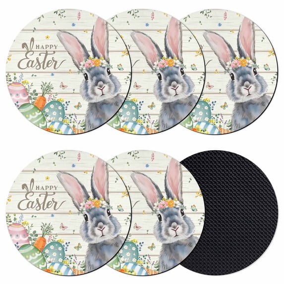 Happy Easter Coasters Set of 6, Absorbent Coasters for Drinks, Spring Bunny Easter Eggs Floral Beige Wood Coaster for Desk Coffee Table Protection, Home Decor House Warming Gifts 4"