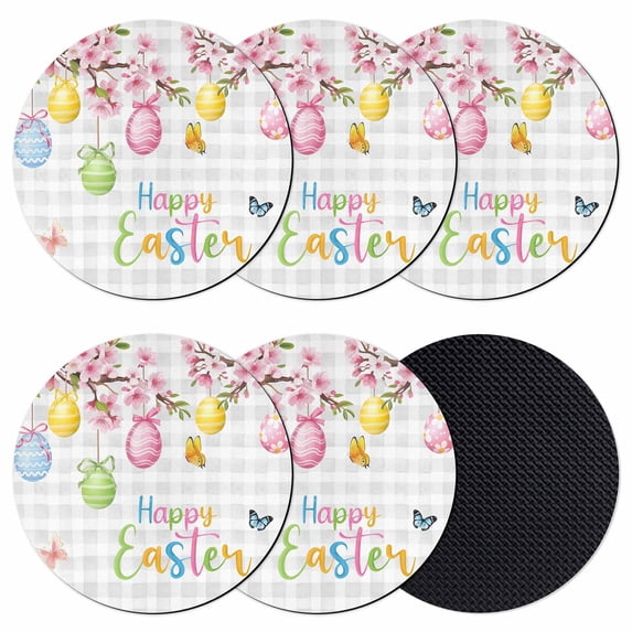 Happy Easter Coasters Set of 6, Absorbent Coasters for Drinks, Spring Colorful Eggs Butterfly Grey Plaid Coaster for Desk Coffee Table Protection, Home Decor House Warming Gifts 4"