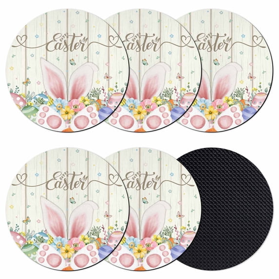 Happy Easter Coasters Set of 6, Absorbent Coasters for Drinks, Spring Colorful Eggs Rabbit Ear Feet Flowers Coaster for Desk Coffee Table Protection, Home Decor House Warming Gifts 4"