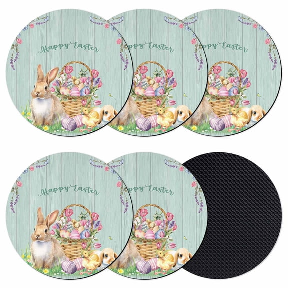Happy Easter Coasters Set of 6, Absorbent Coasters for Drinks, Spring Easter Eggs Bunny Floral Teal Wood Coaster for Desk Coffee Table Protection, Home Decor House Warming Gifts 4"