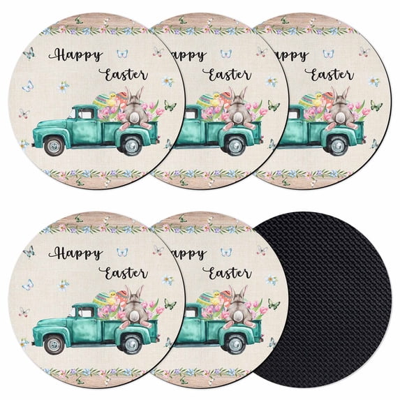 Happy Easter Coasters Set of 6, Absorbent Coasters for Drinks, Spring Farmhouse Green Truck Eggs Bunny Coaster for Desk Coffee Table Protection, Home Decor House Warming Gifts 4"