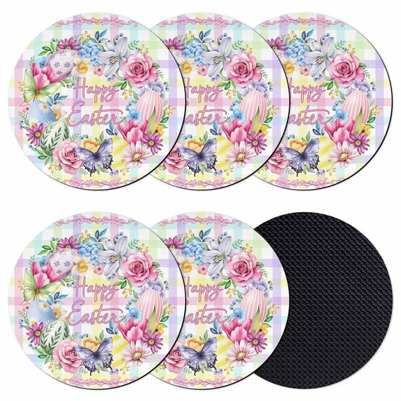 Happy Easter Coasters Set of 6, Absorbent Coasters for Drinks, Spring Flower Pastoral Butterfly Colorful Stripes Coaster for Desk Coffee Table Protection, Home Decor House Warming Gifts 4"