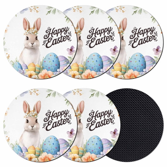 Happy Easter Coasters Set of 6, Absorbent Coasters for Drinks, Spring Watercolor Bunny Eggs Flowers Coaster for Desk Coffee Table Protection, Home Decor House Warming Gifts 4"