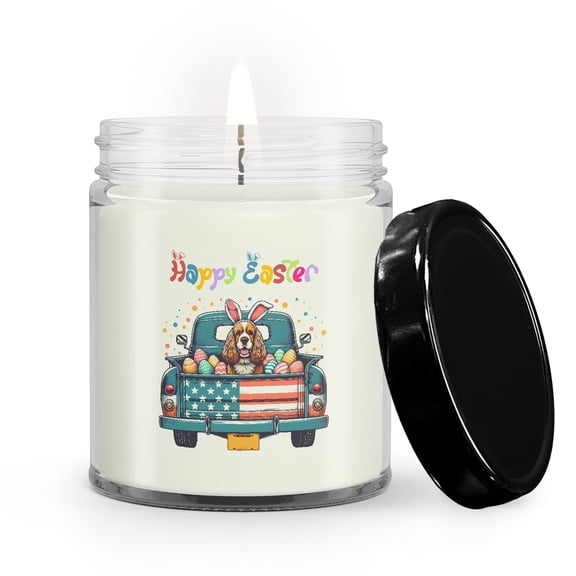 Happy Easter Cocker Spaniel American Flag Truck Bunny Ears Soy Wax Candle Cockers Dog Lover Gifts 9oz White Birch & Black Pepper Candle - 03001